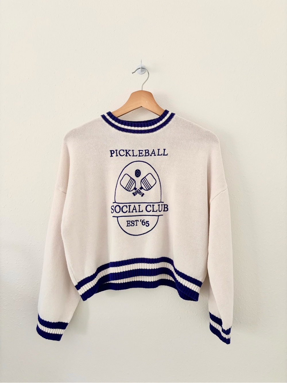 Pickleball Social Club Cropped Knit Sweater - White & Navy